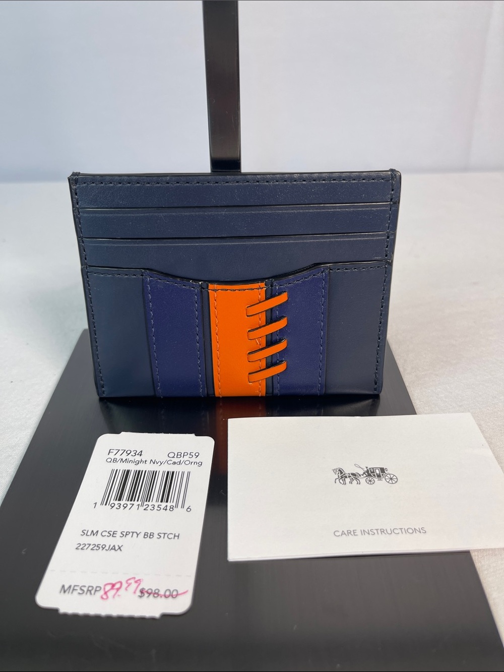 Coach F1944-F77934 Slim Card Case Sporty Baseball Stitch Navy Orange NWT